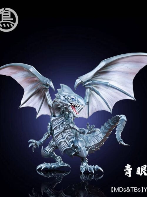 Silver-blue Blue-Eyes White Dragon figure with spread wings, pale wing membranes, an open mouth and a segmented tail curling upward.