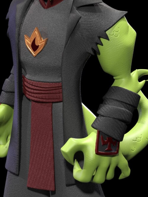Close-up of Drago's gold-edged flame emblem, textured gray outfit, burgundy sash, clawed hands and curled green tail.