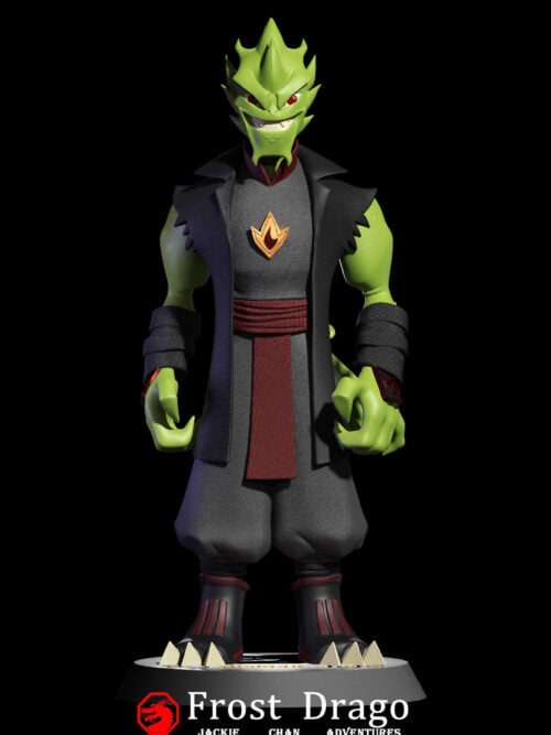 Front view of Drago with green skin, a toothy grin, a gold-edged chest emblem and clawed boots on a round base.