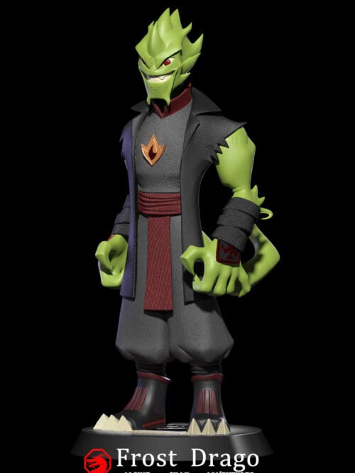 Three-quarter view of Drago showing his curled green tail, clawed hands, dark sleeveless coat and burgundy sash on a round base.