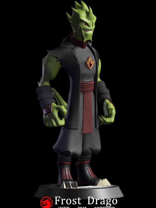 Alternate three-quarter view of Drago with a spiked green head, red eyes, wrapped forearms and clawed boots on a round base.