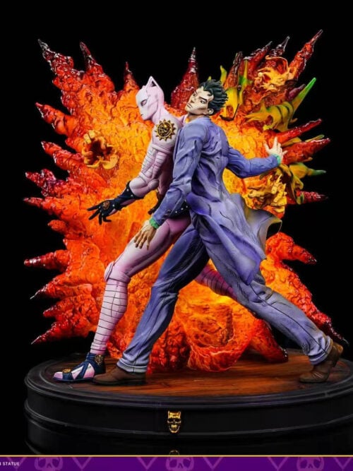Full painted Kira and Killer Queen statue on a round black base, with four inset views of costume, footwear and effect details.