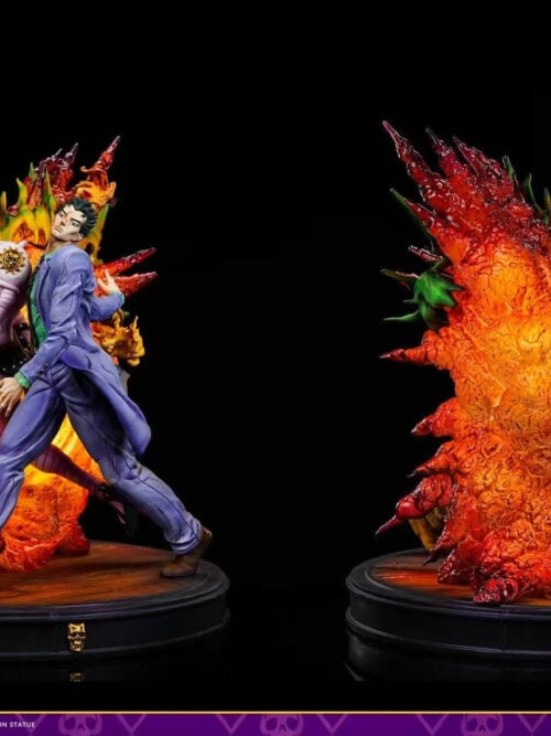 Front and rear views of the painted Kira and Killer Queen statue, showing the broad orange-red explosion backdrop and round base.