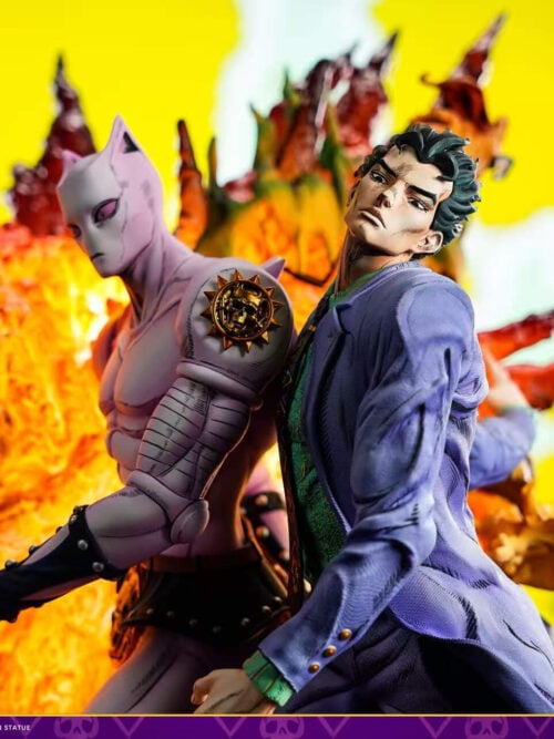 Close-up of Yoshikage Kira and Killer Queen showing facial linework, a purple suit and a gold shoulder emblem against orange effects.