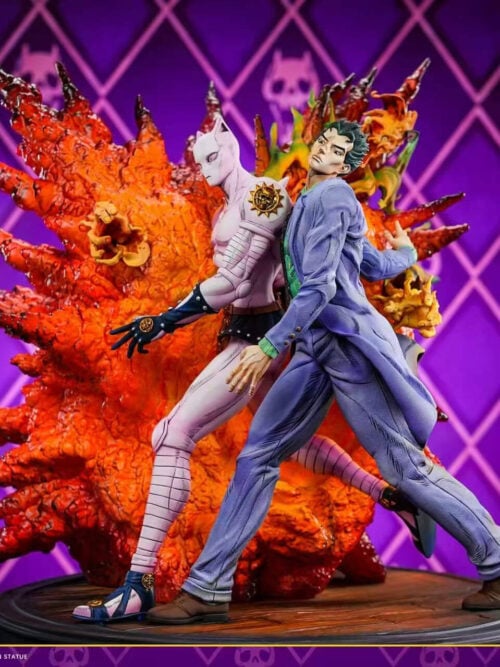 Painted Yoshikage Kira and Killer Queen standing back-to-back before orange-red explosion effects on a round base.