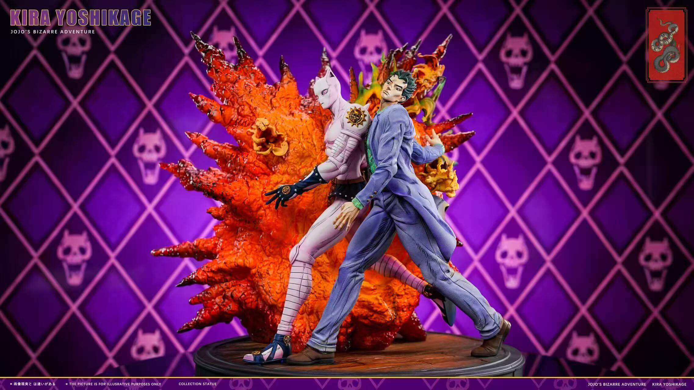 Yoshikage Kira and Killer Queen — Painted Statue View Painted Yoshikage Kira and Killer Queen standing back-to-back before orange-red explosion effects on a round base.