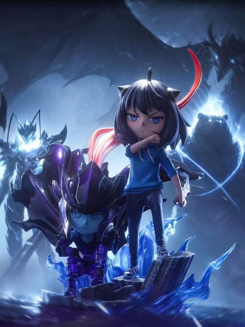 Black-haired Anya in a blue hoodie with a dagger, a kneeling armored figure and blue effects against a shadow-filled backdrop.