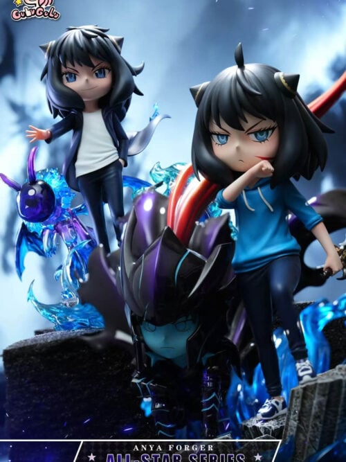 Two black-haired Anya cosplay designs shown together, with the blue-hoodie figure in front and a long-coat figure behind.
