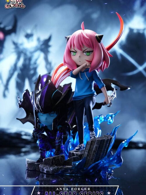Pink-haired, green-eyed Anya in a blue hoodie holding a dagger beside a kneeling armored figure on a rocky base with blue effects.