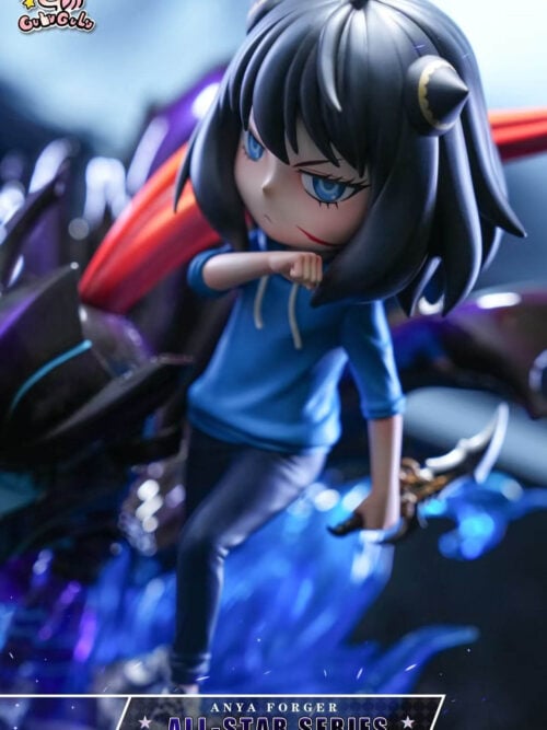 Angled close-up of black-haired, blue-eyed Anya holding a curved dagger, with blue effects and dark armor beside her.