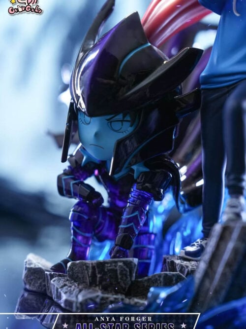 Kneeling blue-faced figure in dark purple armor beside Anya's legs, surrounded by broken stonework and blue effects.