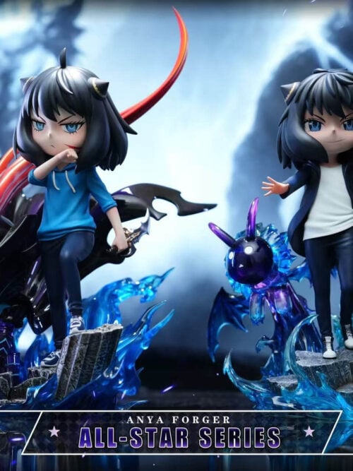 Side-by-side Anya cosplay displays: a blue-hoodie design with a kneeling armored figure and a long-coat design with creature effects.