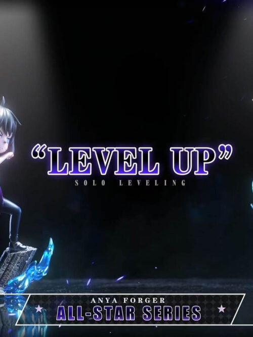 Hoodie and long-coat Anya cosplay designs face inward around Level Up lettering in a dark promotional display.