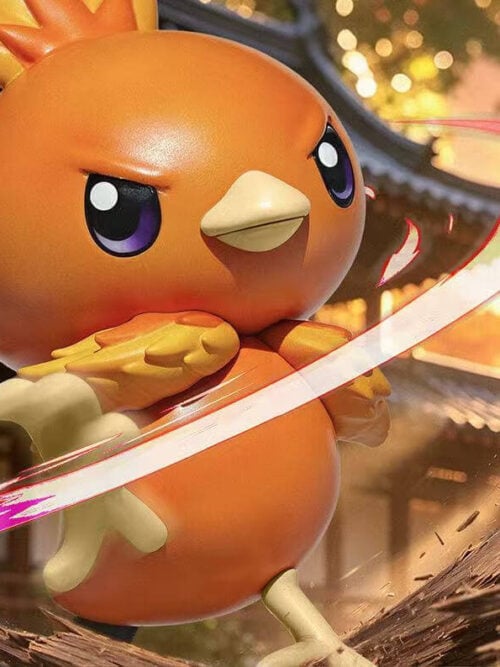 Torchic in a kicking pose amid flying wood fragments and a bright sweeping effect, with miumiu Studio branding.