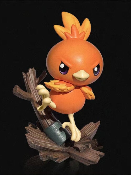 Full view of Torchic with one foot raised in a kick above a splintered wood-effect base against a black background.