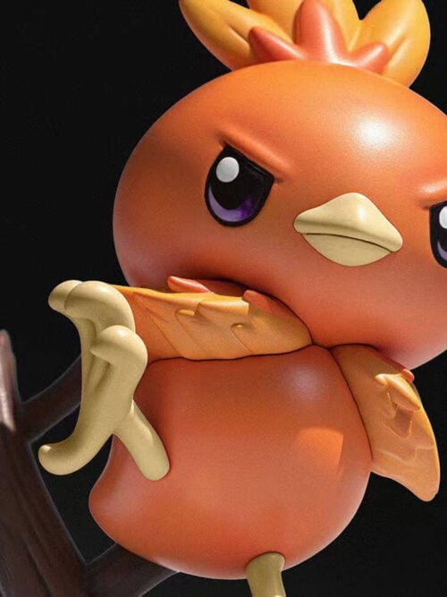Angled close-up of Torchic's determined expression and forward-raised foot beside a splintered wood-effect post.