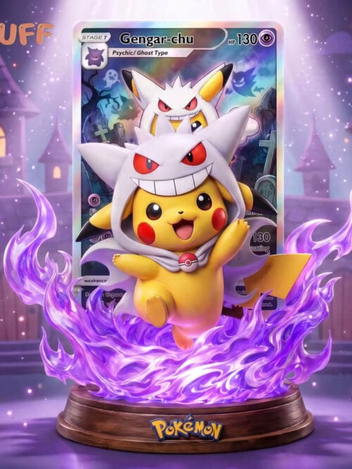 Pikachu in a white Gengar-themed hood and cape above curling purple flames on a round base, with an illustrated card backdrop.