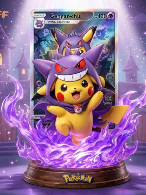 Pikachu in a purple Gengar-themed hood and cape above curling purple flames on a round base, with an illustrated card backdrop.