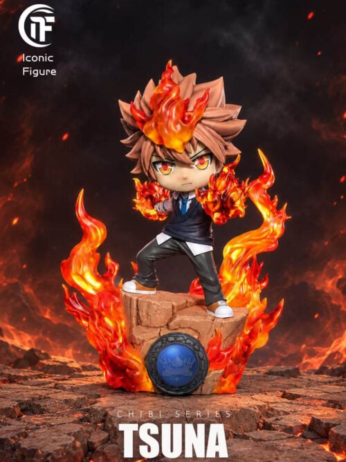 Tsunayoshi Sawada chibi figure with flame-covered hands on a stepped rock base surrounded by orange-red flames.