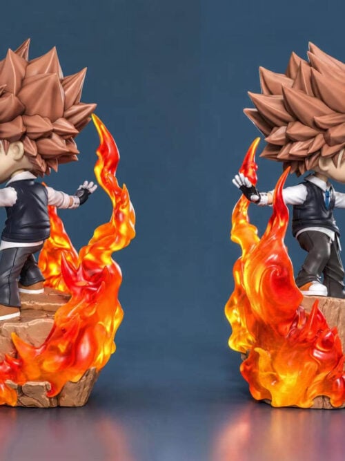 Opposite side views of Tsunayoshi Sawada showing outstretched gloved hands, layered spiked hair and flames around the rock base.