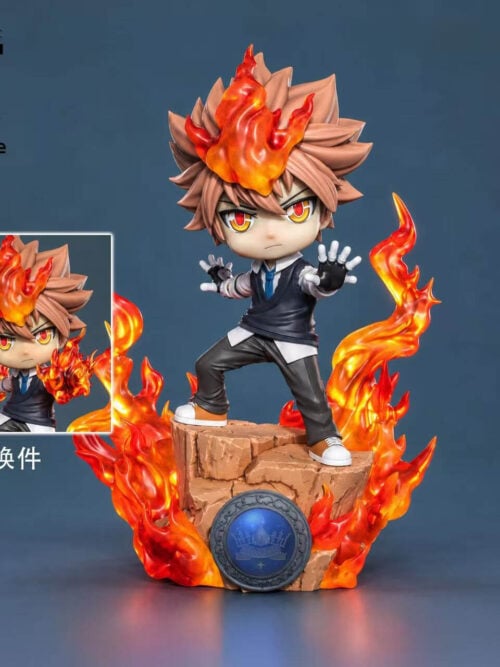 Tsunayoshi Sawada with open gloved hands and an inset showing the interchangeable flame-covered hand display.