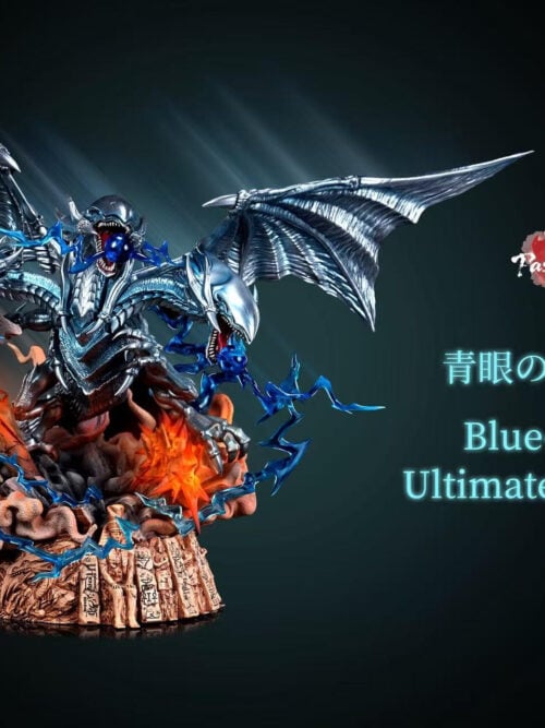 Passion Studio Blue-Eyes Ultimate Dragon with spread wings, three blue energy spheres and a carved ruin base beside the product title.