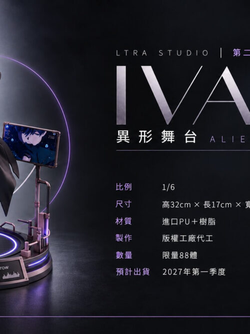 Specification card for the LTRA Studio Ivan 1/6 scale statue showing the full figure, dimensions, edition size of 88 units, and the bonus Ivan acrylic keychain