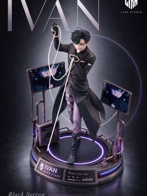 Three-quarter front view of the LTRA Studio Ivan 1/6 scale statue in a long black coat and strapped pale purple trousers on the Black Sorrow stage base