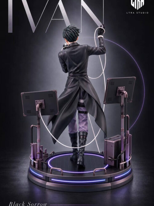 Rear view of the LTRA Studio Ivan 1/6 scale statue showing his belted black coat, strapped pale purple trousers, and the backs of the pipe-mounted stage monitors