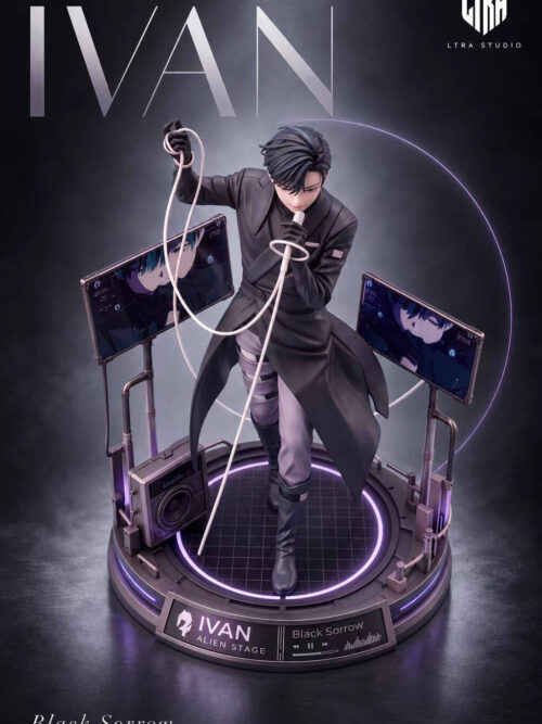 High-angle front view of the LTRA Studio Ivan 1/6 scale statue on the circular Black Sorrow stage base with glowing ring, speaker, and dual monitor screens