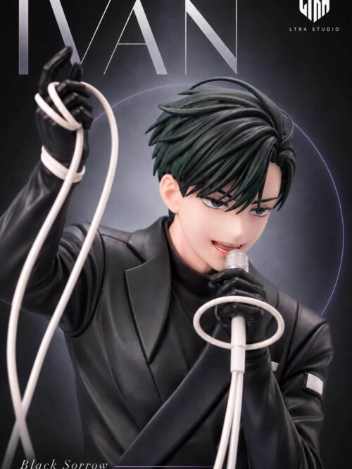 Close-up portrait of the LTRA Studio Ivan statue showing his dark parted hair, singing expression, white microphone, and raised gloved hand wrapped in the mic cord