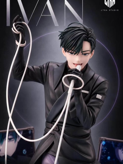 Medium close-up of the LTRA Studio Ivan statue holding a white microphone to his mouth with the cord looped around his raised gloved right hand