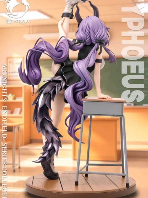 Rear view of JiMeng Studio's booted Typhoeus statue showing flowing purple hair, a layered dark tail, a school desk and a round wood-patterned base.