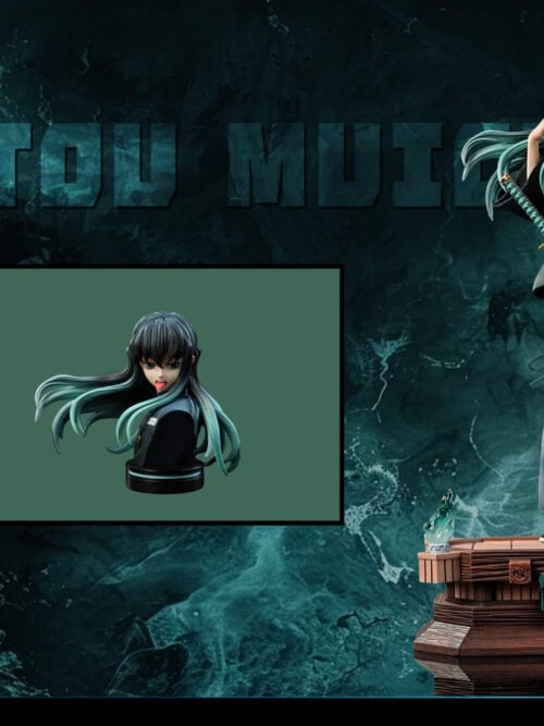 Accessory pack guide showing a tongue-out head on a stand, an interchangeable sleeved arm and the assembled Muichiro Tokito display.