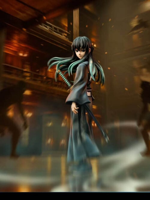 Hang Studio Muichiro Tokito looking over his shoulder with turquoise-tipped hair and a sheathed sword against a blurred architectural backdrop.