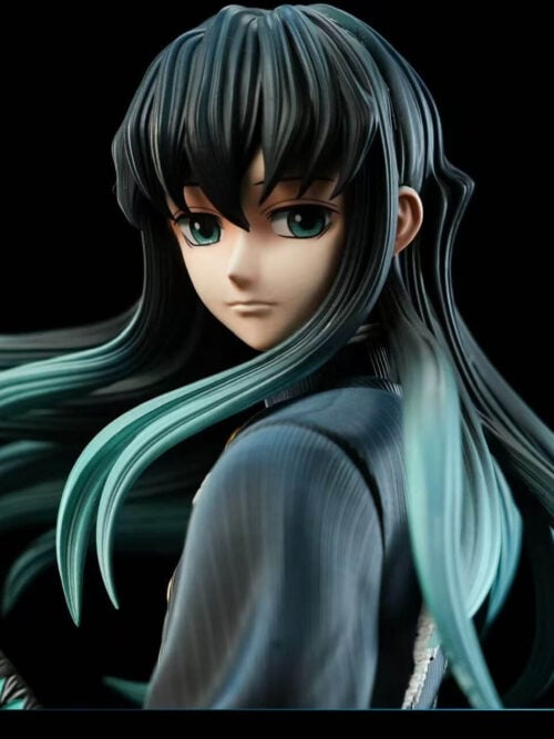 Close-up of Muichiro Tokito's unmarked face, turquoise eyes and long black hair fading to turquoise beside a wrapped sword hilt.