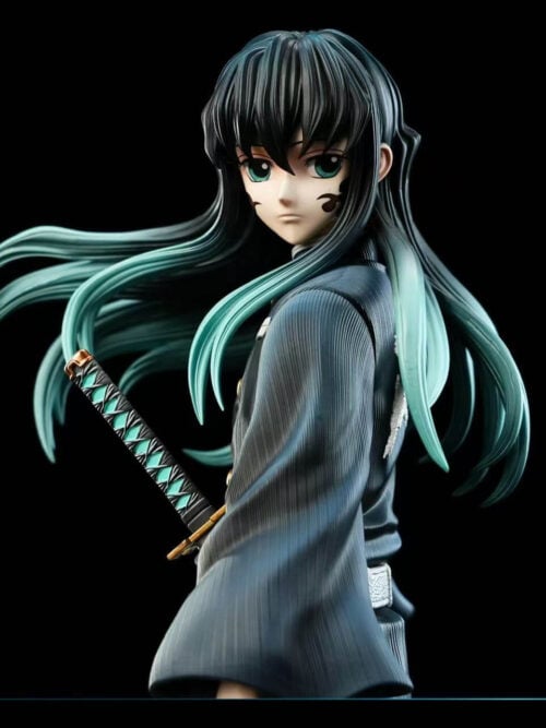 Close-up of Muichiro Tokito's interchangeable head with facial markings, turquoise eyes and sweeping hair beside the sword hilt.
