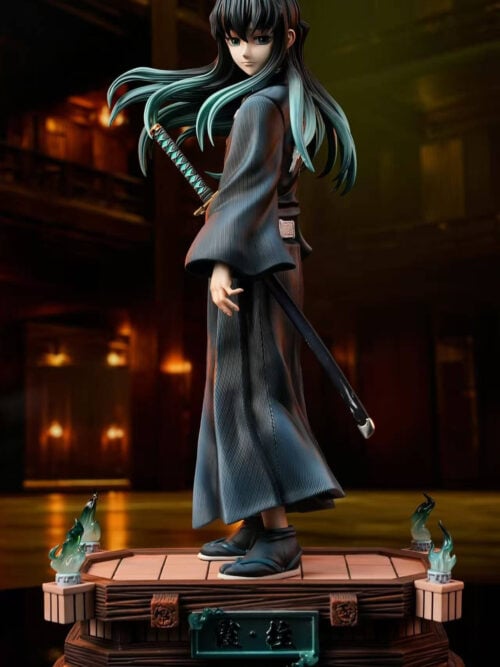 Full view of Hang Studio Muichiro Tokito with an unmarked face, sheathed sword and tiered wood-effect base with teal flame-shaped accents.