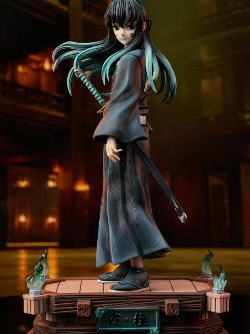 Full view of Muichiro Tokito with facial markings, flowing turquoise-tipped hair and a sheathed sword on a tiered wood-effect base.