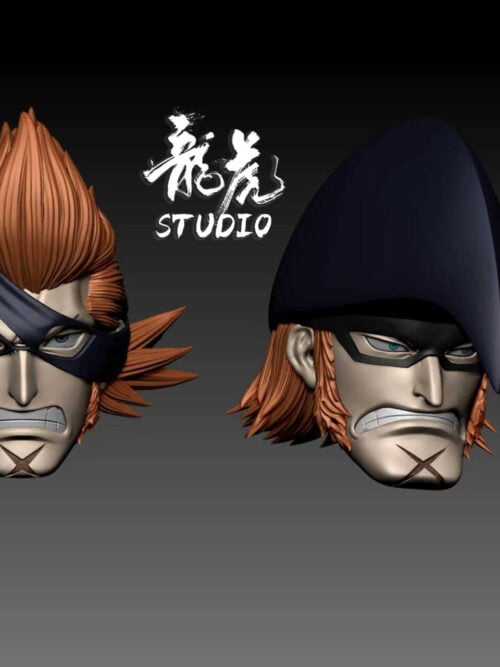 X Drake head renders comparing swept-up orange hair and a dark hat, both with gritted teeth and an X-shaped chin scar.