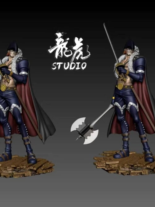 Two full-length renders of X Drake wearing a dark hat, holding a sword and double-bladed axe above a debris base.