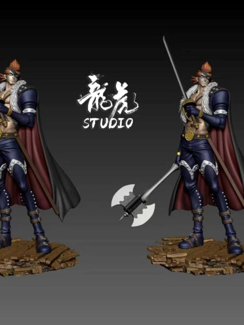 Two full-length renders of bareheaded X Drake with swept-up orange hair, a raised sword, lowered axe and red-lined black cape.