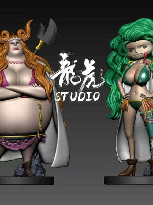 Boa Marigold with folded arms and orange hair beside Boa Sandersonia with hands on hips and green hair, on separate round bases.
