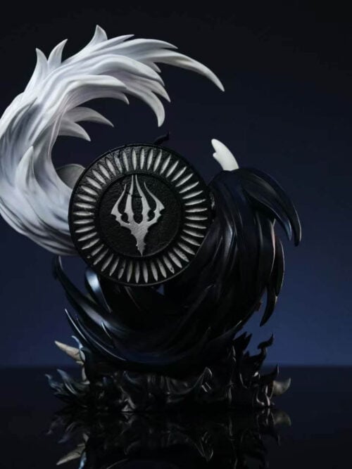 Rear view of the Knight statue showing a circular emblem, an upward-curving pale effect and dark forms sweeping toward the base.