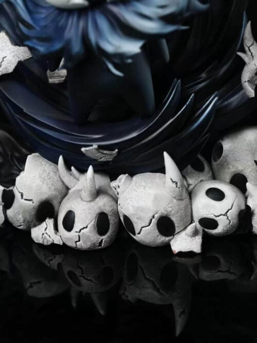 Cracked horned shells and scattered fragments line the base beneath the Knight's sweeping blue-black effects.
