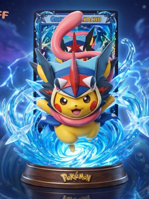 Original Color Pikachu in a blue Greninja-inspired hood, with a curling pink scarf, blue water effects and star-shaped projectiles above a round base.