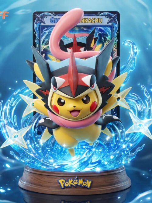 Alternate Color Pikachu in a black Greninja-inspired hood, with a pink scarf and yellow-edged star-shaped projectiles amid blue water effects.