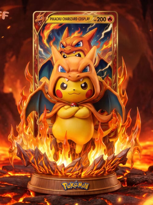 Pikachu with folded arms in an orange Charizard hood and winged cape, surrounded by orange flames on a rocky base with a card-style backdrop.