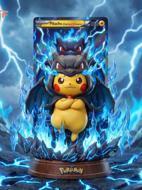 Pikachu with folded arms in a black Charizard hood with blue mouth flames and blue wings, above a rocky base with a card-style backdrop.