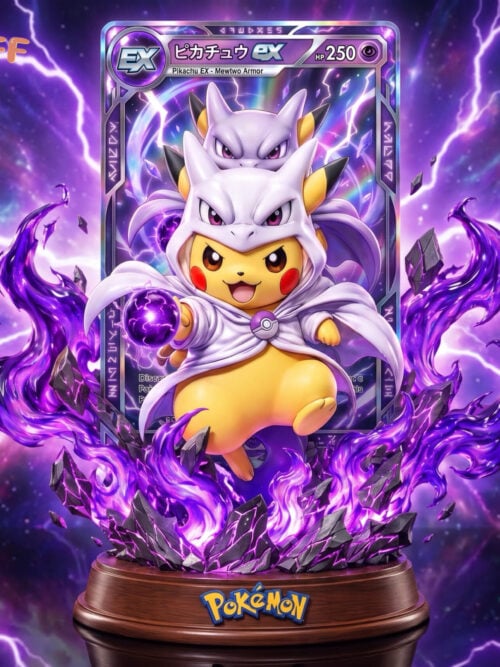 Pikachu in a white Mewtwo hood and cape holding a purple orb, surrounded by purple effects above a rocky base with a card-style backdrop.